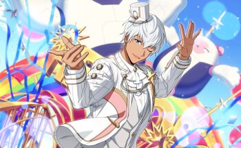 Rule 34 | 1boy, ascot, balloon, blue eyes, dark-skinned male, dark skin, earrings, game cg, grey vest, hands up, happy elements, hat, helios rising heroes, highres, jacket, jewelry, long sleeves, looking at viewer, male focus, mini hat, non-web source, official art, one eye closed, open mouth, oscar bale, rainbow, short hair, smile, solo, star (symbol), top hat, upper body, vest, white ascot, white hair