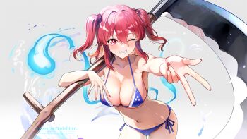 1girl bikini blue_bikini breasts cleavage emerane grin highres large_breasts looking_at_viewer medium_hair navel one_eye_closed onozuka_komachi red_eyes red_hair scythe smile solo stomach swimsuit touhou two_side_up watermark will-o&#039;-the-wisp_(mythology)