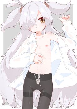 1girl absurdres bags_under_eyes black_pantyhose blue_archive border brown_eyes closed_mouth collared_shirt cum cum_on_body cum_on_stomach flat_chest grey_background grey_hair hair_over_one_eye hand_up highres kanoe_(blue_archive) long_hair long_sleeves looking_at_viewer lying navel nipples on_back open_clothes open_shirt outside_border pantyhose protected_link puffy_long_sleeves puffy_sleeves rano_u_rabe scar scar_on_neck shirt simple_background solo thighband_pantyhose two_side_up very_long_hair white_border white_shirt