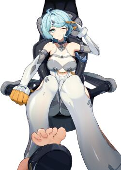 1girl absurdres arm_up bare_shoulders blue_eyes blue_hair blush breasts closed_mouth clothing_cutout commentary detached_sleeves english_commentary feet feet_out_of_frame flower_hairpin formal_clothes gloves hair_ornament hairpin highres latex_pants looking_at_viewer mole mole_on_shoulder one_eye_closed salute see-through_dress_layer seed_(zenless_zone_zero) side_cutout simple_background small_breasts smile solo stirrup_legwear suit sun_0205 sweat thigh_cutout toeless_legwear toes white_background white_gloves white_suit zenless_zone_zero