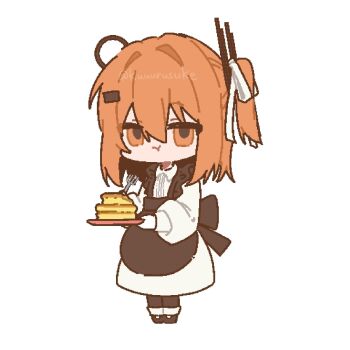 1girl a.i._voice adachi_rei apron black_apron chibi chibi_only commentary dress eating food fork full_body highres holding holding_food holding_fork holding_plate kurusuke_(kurumi) long_sleeves looking_at_viewer maid medium_hair one_side_up orange_eyes orange_hair pancake pancake_stack plate simple_background solo standing utau white_background white_dress
