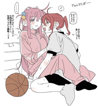 2girls ball basketball_(object) black_socks blush bocchi_the_rock! dayama flat_color gotoh_hitori grey_shirt highres jacket kita_ikuyo long_hair multiple_girls musical_note pants pink_hair pink_jacket pink_pants ponytail red_hair shirt sitting socks speech_bubble spoken_musical_note sweat teeth translation_request yuri