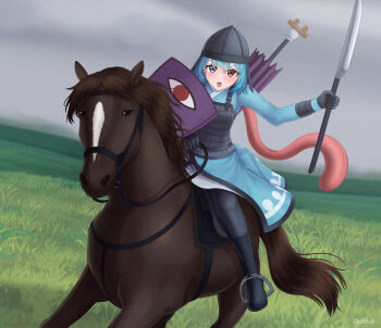 1girl absurdres armor blue_eyes blue_hair commentary grummsed helmet heterochromia highres holding holding_sword holding_weapon horse mongolia mongolian_clothes open_mouth plate_armor pun red_eyes russian_commentary russian_text saddle shield solo sword tatara_kogasa touhou translated weapon