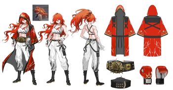 1girl abs absurdres augusta_(wuthering_waves) bare_shoulders black_boots boots boxing_gloves breasts cloak commentary english_commentary game_screenshot_inset gloves guest_art hair_between_eyes highres hood hood_up hooded_cloak long_hair maenoo medium_breasts multiple_views orange_hair pants ponytail red_eyes reference_inset reference_sheet screenshot_inset sports_bra toned toned_female white_gloves white_pants white_sports_bra wuthering_waves