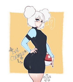 1girl ? artist_logo ass black_dress blue_eyes blue_shirt commentary double_bun dress english_commentary english_text evil_container_(meme) hair_bun highres kokoe_(pyuncho) logo mel_glacee_(kokoe) meme original shirt sleeveless sleeveless_dress solo speech_bubble white_hair