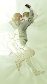 Rule 34 | 2girls, aketa mikoto, barefoot, brown hair, cellphone, closed mouth, commentary, eye contact, grey shorts, grey sweater, highres, holding, holding another's wrist, holding phone, idolmaster, idolmaster shiny colors, looking at another, medium hair, multiple girls, nanakusa nichika, parted lips, phone, shorts, smartphone, smile, sweater, uchida pika, yuri