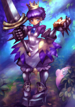 1girl armor armored_boots armored_dress bloomers blunt_bangs blush boots braid bread bread_slice breasts crown crown_braid dakusuta dress earrings egg_(food) food fried_egg fried_egg_on_toast full_body gauntlets gold_crown gradriel highres huge_weapon jewelry kirby kirby_(series) knee_boots medium_breasts nintendo princess_crown purple_bloomers purple_eyes purple_hair solo_focus spiked_gauntlets standing sword toast underwear weapon