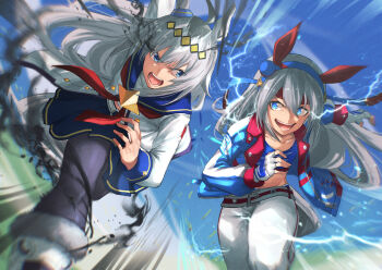 2girls ahoge animal_ears beruu black_pantyhose blue_eyes blue_hairband blue_jacket blue_sailor_collar blue_skirt commentary_request ear_covers fingerless_gloves gloves grey_hair grey_tail hair_between_eyes hairband headband horse_ears horse_girl horse_tail jacket long_hair long_sleeves looking_at_another looking_to_the_side midriff multiple_girls navel neckerchief oguri_cap_(starlight_beat)_(umamusume) oguri_cap_(umamusume) open_clothes open_jacket pants pantyhose red_headband red_neckerchief running sailor_collar skirt tail tamamo_cross_(umamusume) tamamo_cross_(with_lightning_speed)_(umamusume) umamusume white_gloves white_pants