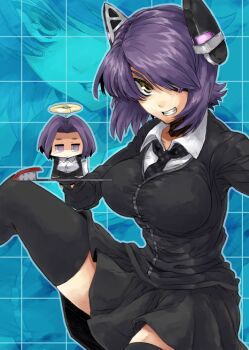 10s 2girls blue_background breasts brown_eyes eyepatch grid grin kantai_collection large_breasts looking_at_viewer mini_person minigirl multiple_girls ofuro_mantarou purple_eyes purple_hair short_hair siblings sisters smile tatsuta_(kancolle) tenryuu_(kancolle) zoom_layer