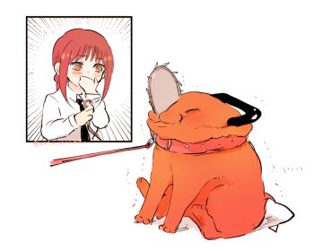 1girl animal_collar black_necktie blush braid braided_ponytail chainsaw chainsaw_man chibi closed_eyes collar creature handle holding holding_leash leash leash_pull long_sleeves makima_(chainsaw_man) necktie pet pochita_(chainsaw_man) pull_cord red_collar ringed_eyes shiba_squish shirt simple_background white_background yukichi_(imoko41)