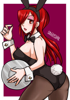 Rule 34 | 2025, alternate costume, ass, blush, border, bow, bowtie, breasts, dated, detached collar, earrings, eyeshadow, female, hairband, hamu agaki, jewelry, large breasts, leotard, lipstick, long hair, looking at viewer, looking back, makeup, open mouth, pantyhose, parasoul (skullgirls), playboy bunny, rabbit ears, red background, red hair, red lips, skullgirls, solo, tray, white border, wrist cuffs