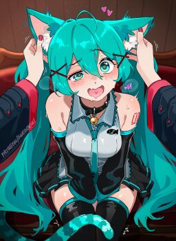 2girls ahegao ahoge animal_collar animal_ear_fluff animal_ears aqua_eyes aqua_hair aqua_necktie aqua_tail aqua_trim aroused artist_name bare_shoulders bell belt_collar between_legs black_detached_sleeves black_skirt black_sleeves black_thighhighs blue_shirt blush body_blush body_markings breasts buckle cat_bell cat_ears cat_girl cat_tail collar collared_shirt commentary covering_crotch covering_privates detached_sleeves drooling english_commentary eyebrows eyelashes female_focus fish_ornament frilled_shirt frills grey_shirt hair_between_eyes hair_ornament half-closed_eye hand_between_legs hatsune_miku heart heart_in_mouth heavy_breathing highres jingle_bell kasane_teto kasane_teto_(utau) kemonomimi_mode lace lace-trimmed_shirt lace_trim large_breasts long_hair long_sleeves looking_at_viewer matching_hair/eyes medium_breasts miniskirt motion_blur mouth_drool multiple_girls neck_bell necktie open_mouth outstretched_arms patreon_username pleated_skirt pov pov_hands red_nails rubbing rubbing_ears sexually_suggestive shiny_clothes shiny_skin shirt sitting skirt sleeveless sleeveless_shirt snegovski speech_bubble striped_tail sweat tail tareme thighhighs tie_clip twintails uncommon_stimulation very_long_hair vocaloid watermark x_hair_ornament yuri zettai_ryouiki