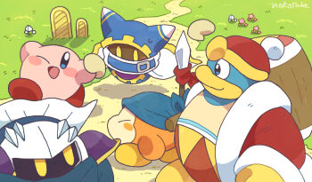 Rule 34 | bandana, bandana waddle dee, blue bandana, blue eyes, closed mouth, coat, commentary request, happy, holding, holding mallet, king dedede, kirby, kirby (series), magolor, mallet, meta knight, nintendo, no humans, one eye closed, path, polearm, rayman limbs, red coat, road, roku (rokkrn), shoulder pads, solid oval eyes, spear, weapon, yellow eyes