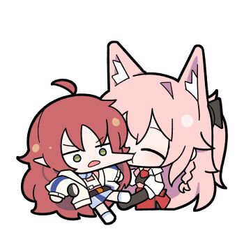 Rule 34 | 2girls, animal ear fluff, animal ears, arknights, biting, biting cheek, black gloves, blue skirt, braid, chibi, closed eyes, elbow gloves, fingerless gloves, gloves, green eyes, highres, jacket, long hair, long sleeves, malrangdonut, multiple girls, myrtle (arknights), open clothes, open jacket, open mouth, pink hair, pointy ears, ponytail, pozyomka (arknights), puffy long sleeves, puffy short sleeves, puffy sleeves, red hair, red skirt, short sleeves, simple background, single fingerless glove, skirt, socks, tank top, v-shaped eyebrows, very long hair, white background, white jacket, white socks, white tank top