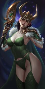 1girl alternate_form black_hair breasts cape commentary english_commentary evelina_oo_(ooevelina) fake_horns fur-trimmed_cape fur_trim green_eyes highres horned_headwear horns lady_loki large_breasts lingerie loki_(marvel) long_hair looking_at_viewer marvel marvel_rivals smile solo thor_(marvel)_(series) underwear