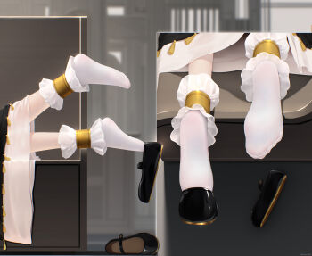 1girl absurdres black_dress black_shoes blue_archive chair dress extreme_dangling feet feet_only foot_focus frilled_socks frills gold_trim han_(hehuihuihui) highres lying mari_(blue_archive) multiple_views no_shoes on_chair on_stomach shoes socks soles solo toe_seam toes white_socks