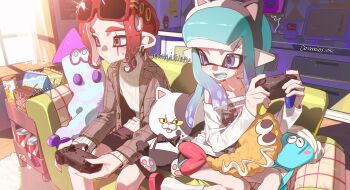 1boy 1girl ^^^ absurdres animal_ear_hairband animal_ears black_shorts blue_eyes blue_hair blue_tongue brown_jacket cat_ears closed_mouth clothing_cutout collarbone colored_tongue commission controller couch eyewear_on_head fake_animal_ears fingernails game_controller hairband highres holding holding_controller holding_game_controller indoors inkling inkling_girl inkling_player_character jacket jellyfish_(splatoon) judd_(splatoon) light_particles long_hair long_sleeves medium_hair namazuoku nintendo nintendo_switch_pro_controller octoling_boy octoling_player_character on_couch open_clothes open_jacket open_mouth parted_bangs pointy_ears purple_eyes red-framed_eyewear red_hair sample_watermark sharp_fingernails shirt shorts shoulder_cutout sitting splatoon_(series) splatoon_3 stuffed_animal stuffed_cat stuffed_food stuffed_toy sunglasses sweat sweater tentacle_hair thick_eyebrows turtleneck turtleneck_sweater watermark white_shirt white_sweater