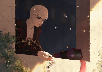 1boy absurdres bell closed_mouth commentary_request daisy_(flower) flower green_eyes hat highres holding holding_flower long_sleeves looking_ahead male_focus petals rollo_flamme roro_(haru_roro2) short_hair solo twisted_wonderland twitter_username unworn_hat unworn_headwear white_flower window