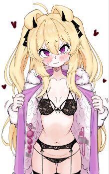 1girl anal_beads animal_ears blonde_hair blush bra breasts cerber_(vtuber) coat dog_ears dog_girl froq_art garter_belt garter_straps hair_between_eyes hair_ribbon heart highres horns indie_virtual_youtuber lingerie long_hair looking_at_viewer navel nervous open_clothes open_coat panties presenting purple_coat purple_eyes ribbon sex_toy sexually_suggestive small_breasts thighs twintails underwear vibrator virtual_youtuber white_background