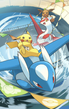 Rule 34 | blue fur, blue sky, bridge, brown eyes, brown fur, day, eevee, flying, gen 1 pokemon, gen 3 pokemon, highres, latias, latios, legendary pokemon, nintendo, no humans, open mouth, outdoors, pikachu, poke ball print, pokemon, pokemon (creature), red eyes, red fur, sky, two-tone fur, yamaori (hakkentai pokedan), yellow fur