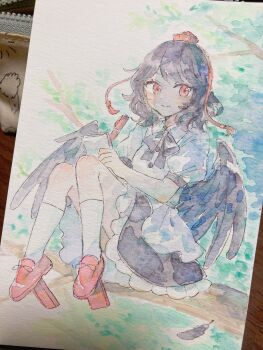 1girl bird_wings black_bow black_bowtie black_hair black_wings bow bowtie closed_mouth collared_shirt commentary_request falling_feathers feathers frilled_skirt frills geta hat highres kneehighs looking_at_viewer mozukuzu_(manukedori) photo_(medium) puffy_short_sleeves puffy_sleeves red_eyes red_hat red_shoes shameimaru_aya shirt shoes short_sleeves sitting_on_branch skirt smile socks solo tengu-geta tokin_hat touhou traditional_media white_shirt white_socks wings