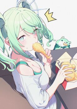 Rule 34 | 1girl, ^^^, absurdres, blush, box, breasts, chicken (food), chicken leg, chico (yuzuha riko), cleavage, commentary, creature, english commentary, fingernails, food, food in mouth, from above, from side, green eyes, green hair, green sports bra, grey background, hand up, highres, large breasts, looking at viewer, looking to the side, looking up, medium hair, off-shoulder shirt, off shoulder, parted bangs, sake goroke, shirt, simple background, sitting, small sweatdrop, solo, sports bra, stellive, table, three-quarter sleeves, twintails, virtual youtuber, white shirt, yuzuha riko