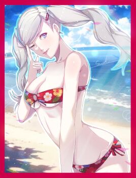 1girl ;p alternate_costume armpit_crease beach bikini blonde_hair blue_eyes blue_sky border breasts cleavage cloud collarbone corner50777313 day earrings floral_print hair_ornament hairclip hashtag-only_commentary highres index_finger_raised jewelry large_breasts lens_flare long_hair looking_at_viewer one_eye_closed outdoors persona persona_5 red_bikini red_border sky solo stud_earrings sunlight swimsuit takamaki_anne tongue tongue_out twintails very_long_hair