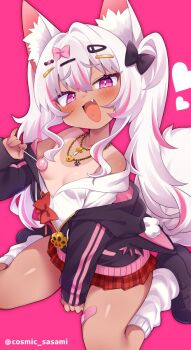 1girl animal_ear_fluff animal_ear_hood animal_ears bandaid_on_thigh bare_shoulders black_jacket black_shoes blush bow breasts candy commentary commission copyright_request cross cross_necklace fake_animal_ears fang food furrowed_brow gyaru hair_bow hair_ornament hairclip heart highres holding holding_candy holding_food holding_lollipop hood hood_down hooded_jacket jacket jewelry kogal lollipop long_hair long_sleeves looking_at_viewer loose_socks microskirt msp_sammy multicolored_hair nail_polish necklace no_bra off_shoulder one-piece_tan open_mouth partially_unzipped pink_background pink_eyes pink_hair pink_nails red_skirt shirt shoes simple_background sitting skeb_commission skirt small_breasts smile socks solo streaked_hair tail tan tanline thighs tsurime twintails twitter_username two-tone_hair wariza white_hair white_shirt white_socks