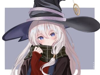 1girl agemochi_03 black_jacket blue_eyes checkered_clothes checkered_scarf elaina_(majo_no_tabitabi) hair_ornament hat highres jacket large_hat long_hair looking_at_viewer majo_no_tabitabi red_sweater scarf sweater white_hair witch_hat