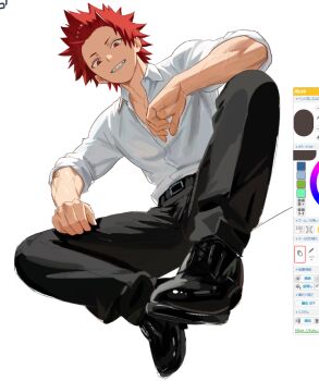 1boy a_ohkami art_program_in_frame belt black_belt black_pants black_shoes boku_no_hero_academia collared_shirt commentary_request from_below grin invisible_floor kirishima_eijiro male_focus pants red_eyes red_hair sharp_teeth shirt shirt_tucked_in shoes short_hair simple_background sitting sleeves_rolled_up smile solo teeth white_background white_shirt