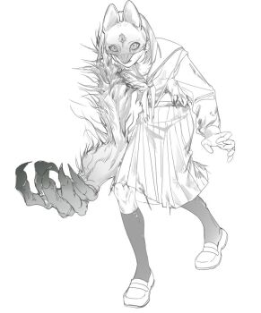 1girl black_socks claws fox_hinako fox_mask mask mismatched_arms namixiaolei pleated_skirt school_uniform serafuku shimizu_hinako silent_hill_(series) silent_hill_f simple_background sketch skirt socks white_background