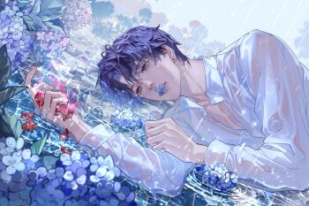 1boy flower highres homura_(homuseka) hualushui hydrangea love_and_deepspace male_focus multicolored_eyes parted_bangs petals purple_flower purple_hair rafayel_(love_and_deepspace) rain two-tone_eyes water wet wet_clothes