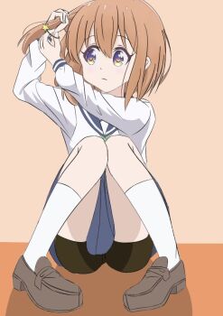 1girl adjusting_hair bike_shorts blue_skirt closed_mouth dot_nose female_focus frown full_body hair_between_eyes hair_ornament koisuru_asteroid konohata_mira looking_at_viewer medium_hair multicolored_eyes orange_hair qb_(qb46311027) sailor_collar school_uniform serafuku shadow shirt short_hair sitting skirt socks solo star_(symbol) star_hair_ornament white_shirt white_socks