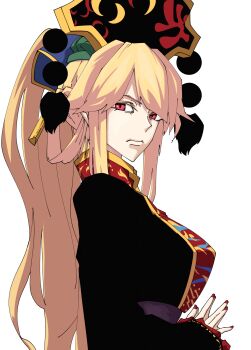 1girl black_dress blonde_hair closed_mouth colored_eyelashes commentary_request crescent_print dalachi_(headdress) dress from_side hair_ornament hair_stick high_collar high_ponytail highres junko_(touhou) kikoka_(mizuumi) long_hair long_sidelocks looking_at_viewer mandarin_collar own_hands_together ponytail purple_sash red_eyes red_nails red_tabard sash serious sidelocks solo tabard touhou upper_body yellow_trim