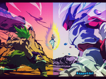 3boys arms_at_sides aura baggy_pants battle broly_(dragon_ball_super) colorful crossed_arms dragon_ball dragon_ball_super dragon_ball_super_broly dragonball_z fighting_stance fingernails floating from_behind gogeta green_hair highres janemba kappa_(moonsidekanade) legendary_super_saiyan legs_apart letterboxed male_focus metamoran_vest mountain multiple_boys muscular pants pink_background purple_background topless_male spiked_hair split_screen super_saiyan super_saiyan_1 super_saiyan_blue torn_clothes twitter_username white_pants wind wristband
