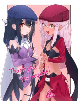 2girls :d absurdres black_bra black_hair black_panties blue_hat blush border bra cape chloe_von_einzbern chloe_von_einzbern_(archer_install) clothing_cutout collar collared_leotard commentary_request commission covered_navel dark-skinned_female dark_skin detached_sleeves english_text fate/kaleid_liner_prisma_illya fate_(series) flat_cap flat_chest hair_ornament hairclip half_updo hat heart_hands_failure highres leotard long_hair long_sleeves looking_at_viewer magical_girl miyu_edelfelt miyu_edelfelt_(magical_girl) multiple_girls navel niwaikanai open_mouth orange_eyes outside_border panties pink_background pink_hair ponytail purple_leotard purple_sleeves red_hat shrug_(clothing) side_cutout sidelocks signature skeb_commission smile stomach thigh_strap thighhighs thumbs_up underwear waist_cape white_border white_cape white_collar