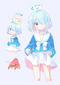 1girl :o @_@ aqua_hair arona_(blue_archive) blue_archive blue_eyes braid choker cropped_legs gen_1_pokemon hair_over_one_eye halo highres kyuuri_(miyako) long_sleeves multiple_views mushroom mushroom_on_head nintendo parasect pink_hair pokemon pokemon_(creature) purple_background sailor_collar school_uniform serafuku short_hair side_braid simple_background skirt skirt_hold smile white_sailor_collar white_skirt