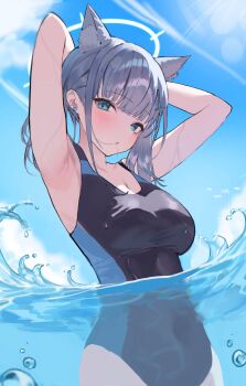 1girl animal_ear_fluff animal_ears armpits arms_up bare_arms blue_archive blue_eyes blue_sky blurry blurry_background blush breasts bubble cleavage cloud competition_swimsuit depth_of_field dodosaae ear_piercing from_below grey_hair hair_ornament halo highres lens_flare light_rays looking_at_viewer medium_hair official_alternate_costume one-piece_swimsuit outdoors parted_lips partially_submerged piercing shiroko_(blue_archive) shiroko_(swimsuit)_(blue_archive) sky solo swimsuit upper_body water wet white_halo wolf_ears wolf_girl