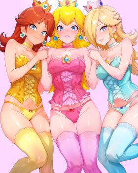 3girls artist_request bare_shoulders blonde_hair blue_bow blue_bow_panties blue_corset blue_eyes blue_panties blue_panty_bow blue_thighhighs bow bow_panties breasts brown_hair choker closed_mouth collarbone corset crown earrings flower_earrings holding_hands jewelry lips long_hair looking_at_viewer mario_(series) medium_breasts multiple_girls nintendo panties pink_background pink_bow pink_bow_panties pink_corset pink_panties pink_panty_bow pink_thighhighs princess_daisy princess_peach rosalina simple_background skindentation smile thighhighs underwear yellow_bow_panties yellow_corset yellow_panties yellow_thighhighs