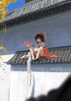 Rule 34 | 1girl, absurdres, blue sky, bow, brown hair, brown shoes, closed mouth, commentary request, cup, day, detached sleeves, frilled bow, frilled hair tubes, frills, hair bow, hair tubes, hakurei reimu, highres, holding, holding cup, koukouya, long hair, mary janes, on roof, red bow, ribbon-trimmed sleeves, ribbon trim, sakazuki, shoes, sitting, sitting on roof, skirt, skirt set, sky, socks, solo, touhou, white socks