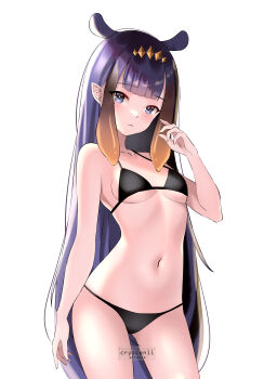 1girl absurdres artist_name bare_arms bikini black_bikini breasts collarbone commentary grey_eyes hair_ornament highres hololive hololive_english lialee long_hair multicolored_hair navel ninomae_ina'nis orange_hair purple_hair stomach swimsuit tentacle_hair virtual_youtuber