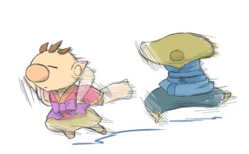 Rule 34 | 1boy, alternate costume, baggy pants, big nose, blue kimono, blue pants, bow, brown footwear, brown hair, brown pants, closed eyes, closed mouth, commentary request, fleeing, full body, hagoromo, japanese clothes, kimono, light frown, long sleeves, male focus, motion lines, naru (wish field), nintendo, olimar, pants, pikmin (series), pikmin 3, plasm wraith, pointy ears, purple bow, red kimono, shadow, shawl, shoes, short hair, short kimono, simple background, sleeves past wrists, slime (creature), speed lines, very short hair, waist bow, white background, wide sleeves