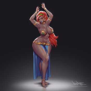 1girl abs anklet arabian_clothes armor arms_up bare_shoulders barefoot belly belly_dancer bikini_armor black_skin blush bracelet breasts colored_skin curvy dancing dark-skinned_female dark_skin earrings eyeliner gerudo hairband harem_outfit hoop_earrings jewelry large_breasts lipstick long_hair makeup metal_bikini muscular muscular_female nail_polish nintendo pasties pelvic_curtain pinkdrawz pointy_ears revealing_clothes sagging_breasts solo the_legend_of_zelda the_legend_of_zelda:_breath_of_the_wild thick_thighs thighs toe_ring urbosa very_dark_skin very_long_hair wide_hips