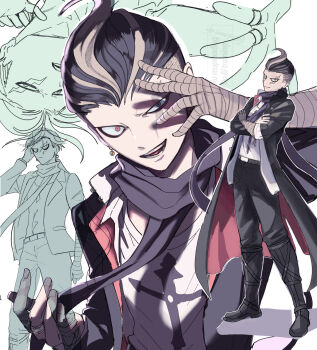 1boy arms_up bandaged_arm bandages belt belt_buckle black_boots black_coat black_hair boots buckle coat commentary_request crossed_arms danganronpa_(series) danganronpa_2:_goodbye_despair grey_pants hair_slicked_back highres male_focus mt2_(sub_mmt) multicolored_hair multiple_views pants pink_eyes print_shirt purple_scarf red_coat scar scar_across_eye scar_on_face scarf shirt shirt_tucked_in streaked_hair tanaka_gundham two-sided_coat two-sided_fabric uneven_eyes white_background