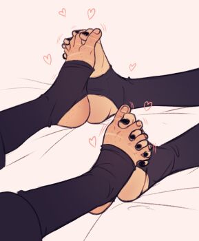 2boys bakugou_katsuki black_nails boku_no_hero_academia feet foot_focus freckles heart highres interlocked_toes lower_body male_focus midoriya_izuku multiple_boys nail_polish spacenipnops toeless_legwear toenail_polish toenails yaoi