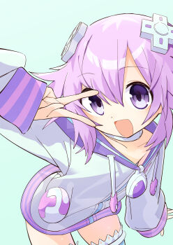 Rule 34 | 1girl, absurdres, choker, commentary, d-pad, d-pad hair ornament, drawstring, emblem, hair ornament, highres, hood, hoodie, medium hair, neptune (neptunia), neptune (series), open mouth, purple eyes, purple hair, sidelocks, solo, user hwnd2858, v, white choker