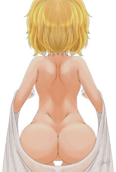 1girl absurdres ass back bed_sheet blonde_hair censored completely_nude dimples_of_venus facing_away from_behind highres holding holding_sheet idolmaster idolmaster_cinderella_girls loli mosaic_censoring nude pussy sakurai_momoka short_hair shoulder_blades shu~~n simple_background solo white_background
