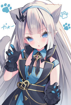 1girl absurdres ahoge animal_ears black_bow black_bowtie black_gloves black_vest blue_dress blue_eyes blue_hairband blunt_bangs bow bowtie cat_ears cat_girl cat_tail commentary_request detached_collar dress female_tyrant_(stella_sora) frilled_gloves frills gloves grey_hair hairband high_collar highres long_hair looking_at_viewer open_mouth simple_background sleeveless sleeveless_dress solo stella_sora tail teeth transparent_background tyrant_(stella_sora) upper_body ureinnn vest