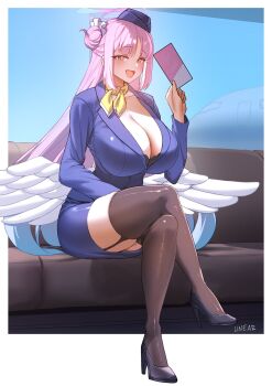 1girl :d aircraft airplane airport alternate_costume angel_wings black_bra blue_archive bra bra_peek breasts cleavage commentary english_commentary feathered_wings flight_attendant flight_attendant_hat formal_clothes gradient_halo hair_bun halo highres large_breasts linear_71 low_wings mika_(blue_archive) multicolored_halo open_mouth pink_hair pink_halo single_side_bun skirt skirt_suit smile solo suit travel_attendant underwear white_wings wings yellow_eyes