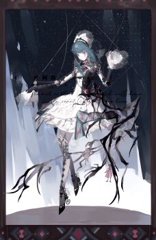 Rule 34 | 1girl, absurdres, black bow, black shoes, blue hair, blunt bangs, border, bow, closed mouth, colored skin, commission, cracked skin, dress, expressionless, full body, hair ornament, high heels, highres, long hair, long sleeves, mechanical arms, mechanical legs, mihuashi commission, original, puppet, puppet strings, red eyes, shen a fang, shoes, solo, watermark, white skin